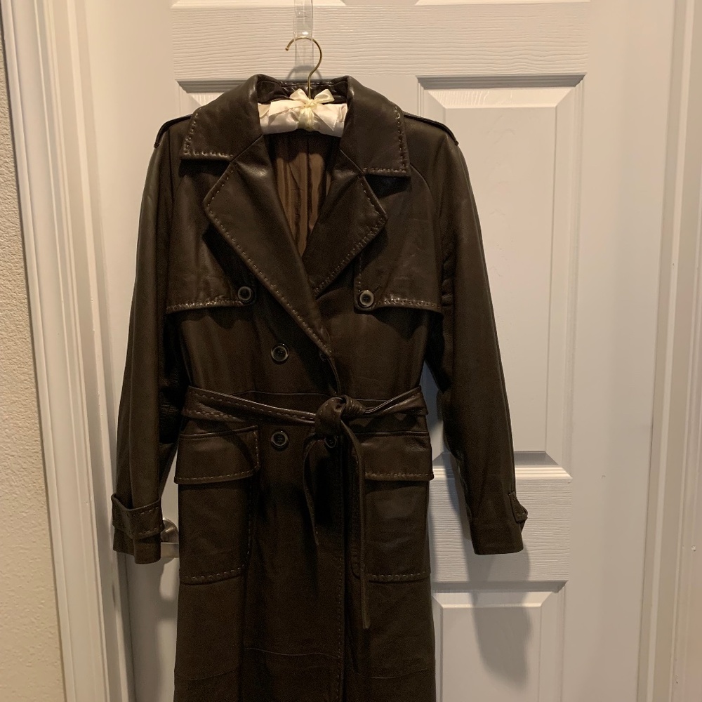 Italian Leather Women’s Trench Dark Brown, Vintage, Size 44